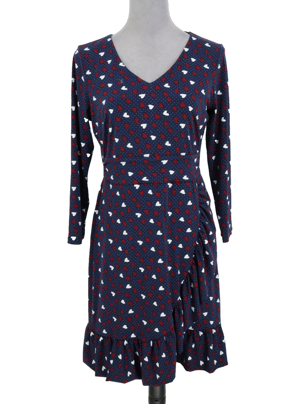 Talbots Dress Petites 8P Navy Blue Red White Hearts Lined Ruffle Hem Faux Wrap